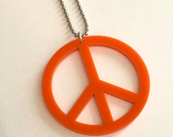 Orange Peace Necklace in Laser Cut Acrylic, Large Peace Sign Jewelry, Statement Necklace, Hippie Jewelry