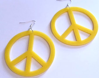 Yellow Large Peace Sign Earrings, Lasercut Acrylic, Large Statement Earrings, Hippie Jewelry