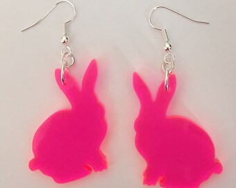 Neon Earrings, Bunny Rabbit Earrings in Neon Pink, See Thru Fluorescent Acrylic Jewelry, Animal Shape