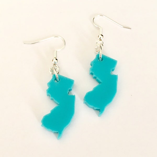 New Jersey Earrings - Turquoise Blue Acrylic on Silver Plated Hooks - State Shape Earrings