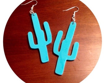 Southwestern Cactus Turquoise Blue Earrings, Boho Chic Hippie Style, Large Size