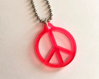 Neon Pink Peace Sign Necklace - Small Peace Sign Shape Jewelry - Hippie Style - Festival Style Accessories