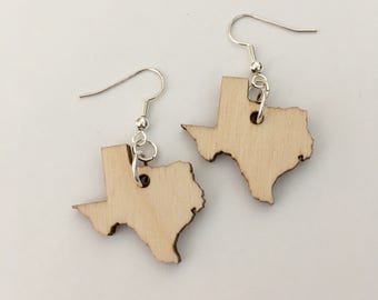 Texas Earrings in Laser Cut Wood, State Earrings, Wooden Jewelry, State Jewelry