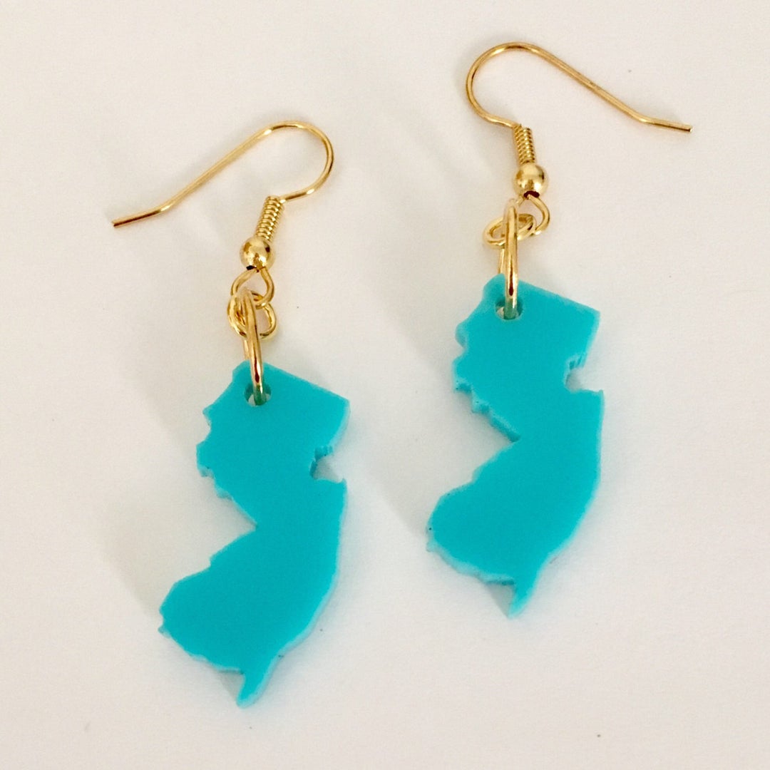 State Jewelry New Jersey Earrings Turquoise Blue Acrylic on Gold Plated