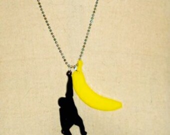 Chimp and Banana Acrylic Laser Cut Necklace, Animal Shape Jewelry