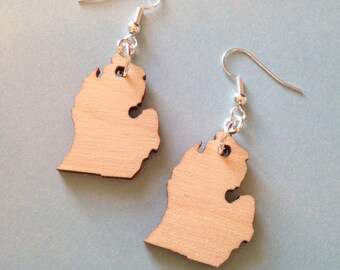 Lasercut Wood Michigan Earrings, State Shape Jewelry, Wooden Earrings, Gift for Her