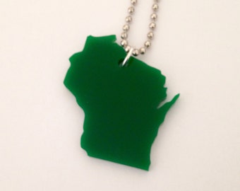 Green Wisconsin Necklace - Lasercut Acrylic - Large State Necklace - State Jewelry