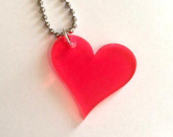 Neon Pink Heart Necklace in Laser Cut Plastic, Acrylic Necklace, Lasercut Heart Jewelry