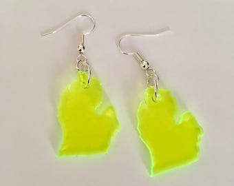 Neon Green Michigan Earrings, State Jewelry, Fluorescent Acrylic Earrings