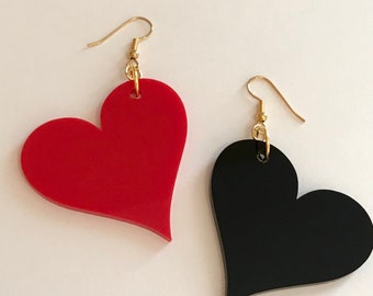 Red and Black Heart Earrings on Gold Plated Hooks, Mismatched Statement Earrings in Acrylic, Statement Jewelry, Heart Shape Love Jewelry