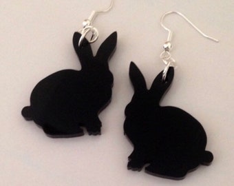 Black Acrylic Bunny Rabbit Earrings, Easter Earrings, Black Acrylic Plastic Lasercut Jewelry, Goth Bunny Earrings