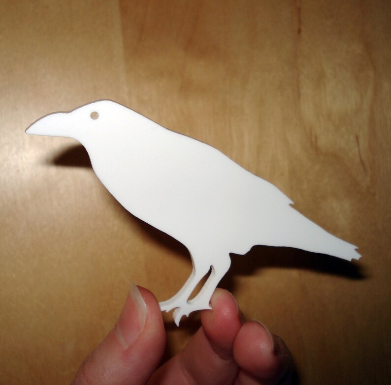 Raven Brooch, Bird Shaped Pin, White Acrylic Plastic, Nature Gift, Lapel Pin, Gift for Her image 1