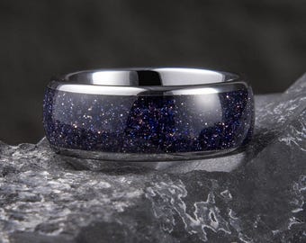 Anillo de arenisca azul, alianza de tungsteno plateada para hombre, anillo de promesa personalizado para él, anillo grabado personalizado, anillo de la noche estrellada
