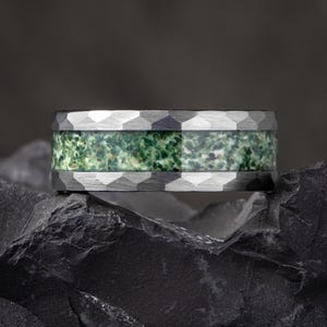 Moss Agate Ring, Mens Green Moss Agate Band, Custom Tungsten Ring, Personalized Engraved Ring, Promise Ring for Him