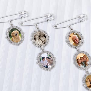 Könnte beinhalten: Drei silberfarbene Sicherheitsnadel-Broschen mit verzierten ovalen Rahmen. Die erste enthält ein Foto eines goldenen Hundes, die zweite zwei ovale Rahmen mit Fotos von Personen und die dritte drei ovale Rahmen mit Fotos von Personen und einem Hund.