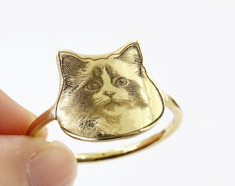 Pet Photo Ring, Custom Engraved Cat or Dog Picture Ring, Personalized Pet Portrait Ring, Pet Lover Gift, Signet Ring, Pet Memorial Jewelry