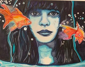 May include: Watercolor painting of a woman with long black hair and a blue face, surrounded by orange goldfish and bubbles. The painting includes a box with the text "AIRES" in a teal and white design.