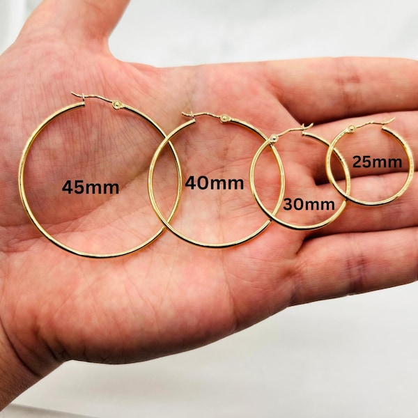 14K Gold Hoop Earring Set: Polished Real Gold, 1.5mm Thick