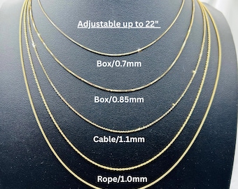 10k Solid Gold verstellbare Kette Halskette: Box, Weizen, Seil, Kabel, Sparkle