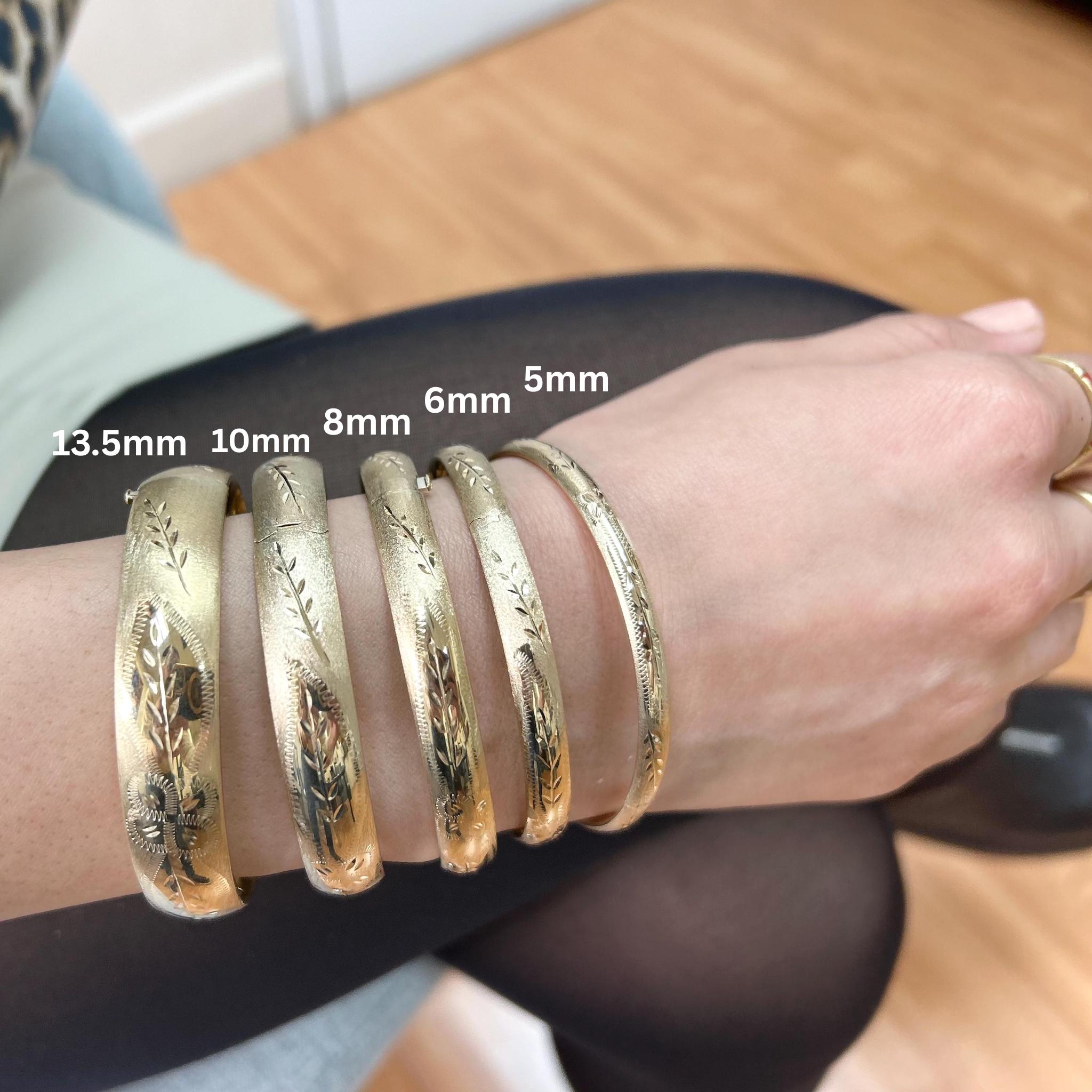 14K Gold Bangle Bracelet, Floral Pattern, 5mm- 13.5mm Thick