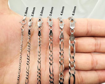 14Kt フィガロチェーン 14Kソリッドホワイトゴールドフィガロチェーンネックレス、厚さ3.8mm