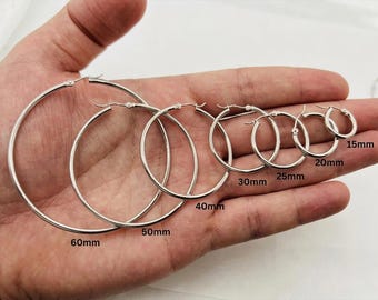 14K Weißgold Hoop Ohrring Set: Polierte Echtgold Hoops - 2 mm