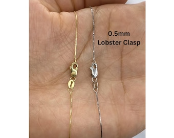 10k Solid Gold Box Chain Necklace, Lobster Clasp (0.5mm)