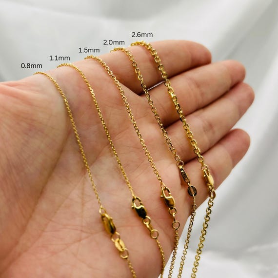 18K Solid Yellow Gold 1.4mm Cable Chain Necklace 16 18 20 24 Inch Lobster Clasp
