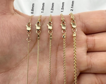 14k Solid Gold Wheat Chain Necklace: 16-30 Inch, 0.8-2.1mm Wide