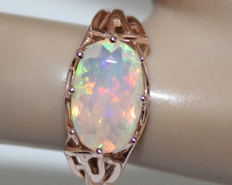 Rose Gold Opal Ring: Oval Faceted Natural Stone, October Birthstone