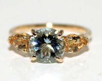 Unique Aquamarine Engagement Ring, with Golden Beryl in 14K Yellow Gold. One-of-a-Kind Handmade Jewelry