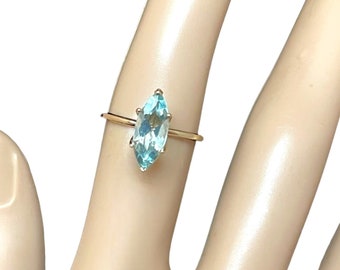 Marquise Aquamarine Engagement Ring, March Birthstone, Blue-Green Natural Aqua, in 14K Yellow Gold, Handmade Womans Rings 2.0 CTs