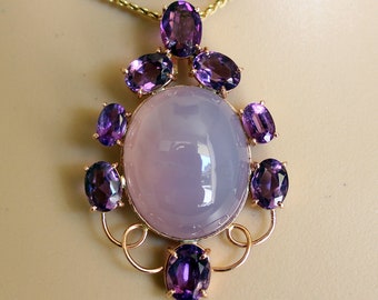 Genuine Amethyst Necklace/Pendant with Big Chalcedony Gemstone, 14K Rose Gold, Handmade Pendant, One of a kind Jewelry