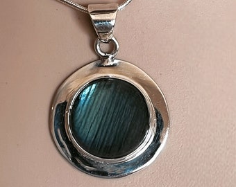 Silver Labradorite Pendant with Sterling Silver Chain, Round Labradorite Gemstone Necklace, Handmade USA