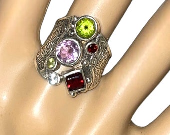 Chunky Genuine Multi Gemstone Silver Ring, Handmade Gemstone Ladies Rings, Red Garnet, Green Peridot, Lavendar Amethyst & Swiss Blue Topaz