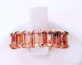 Natural Peach Imperial Topaz Ring, Rose Gold, Emerald Cut Wedding Ring, Anniversary Gift for Wife, November Birthstone