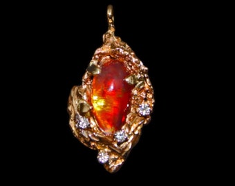 Fire Opal Necklace with White Diamonds, Recycled Gold Handmade Mounting in 14K Yellow Gold, OOAK