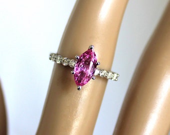 Pink Sapphire Engagement Ring with Diamonds, Marquis Cut 2.0 CTs