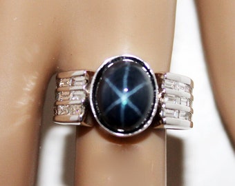 Blue Star Sapphire & Diamond Engagement Wedding Ring, Untreated Gemstone, Anniversary Gift for Him or Her, Free Appraisal