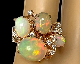 Luxury Genuine Opal & VVS Diamond Ring, in Heavy 18K Yellow Gold, October Birthstone Ring, Anniversary Gift for Her, US Handmade Ring