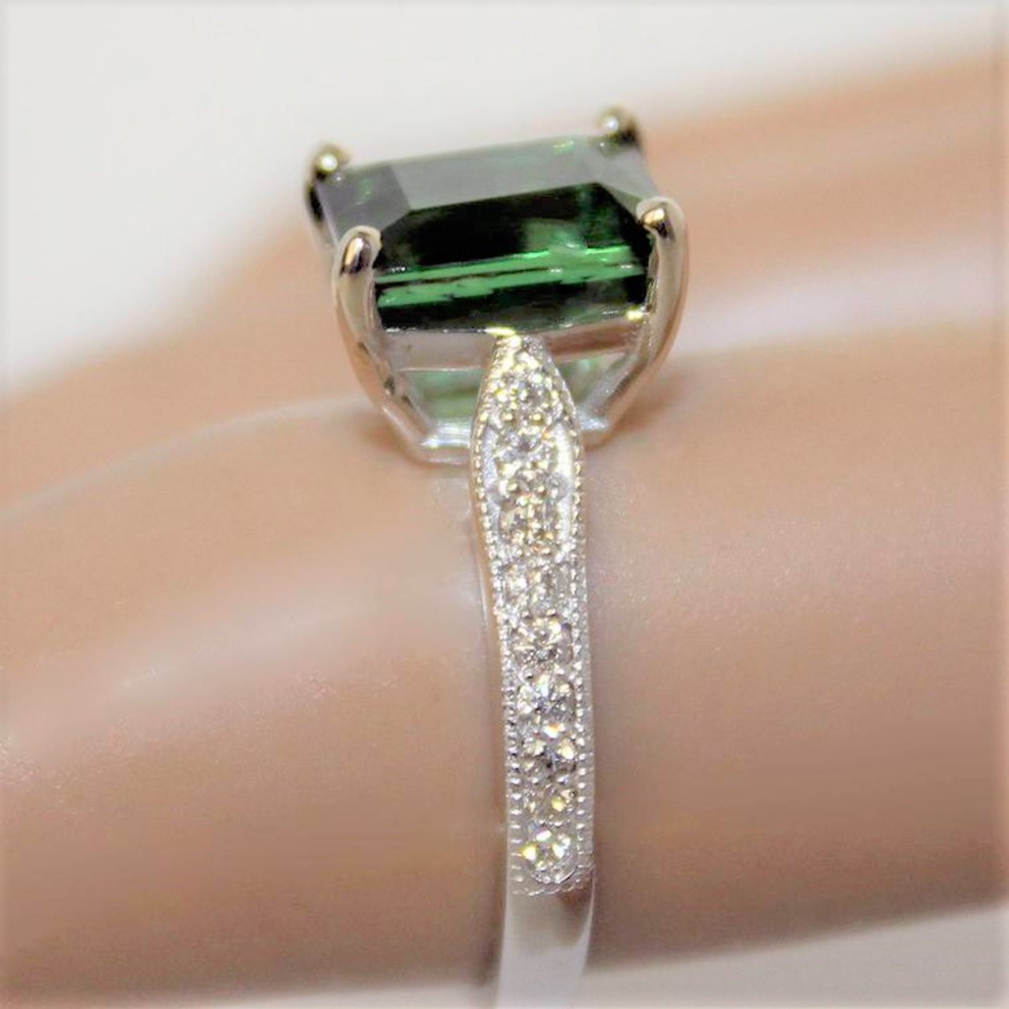 Green Tourmaline Ring with Diamonds 3.50 Emerald Cut | Etsy