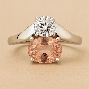 Peach Imperial Topaz and Diamond Ring, Handmade Fine Jewelry, 14K White Gold