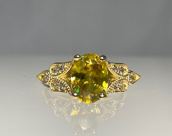 Natural Chrome Sphene Ring, with Accent Diamonds, 14K Yellow Gold, Oval Cut Gemstone, Christmas Gift for Wife