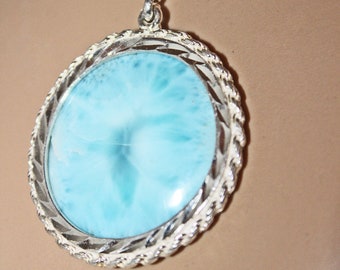Larimar Silver Necklace with Sterling Silver Rope Chain, Caribbean Larimar 35mm Gemstone, Handmade USA
