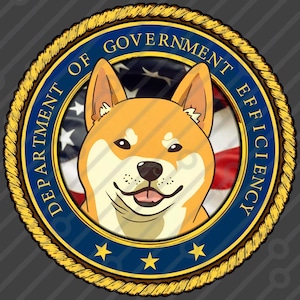 May include: A blue and gold seal with the text "Department of Government Efficiency" and three gold stars. The seal features a cartoon Shiba Inu dog with a red, white, and blue American flag in the background.