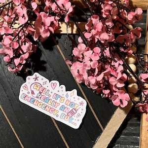 May include: A sticker with the text "Well, it's not really an emergency, but..." in a colorful design. The sticker is on a black and wood-toned surface, with pink floral branches in the background.