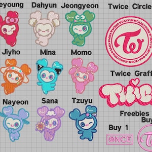 May include: A collection of embroidered patches featuring nine cartoon characters labeled Chaeyoung, Dahyun, Jeongyeon, Jiyho, Mina, Momo, Nayeon, Sana, and Tzuyu, alongside a circular Twice logo, a Twice graffiti patch, and a Twice logo freebie.