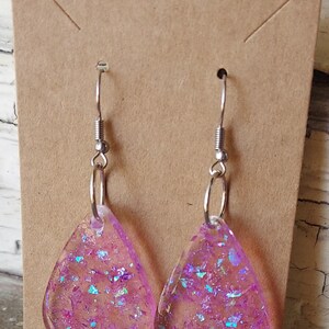 Pink glitter resin tear drop dangle earring