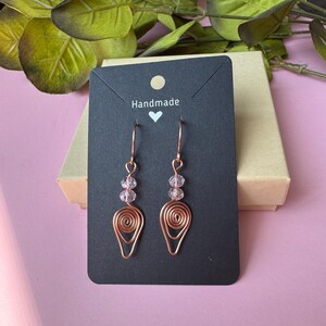 Handmade Wire Wrapped Copper Earrings with Pink Beads. Spiral Dangle Earrings. Artisan Crafted in USA. Free Shipping. Hammered Copper