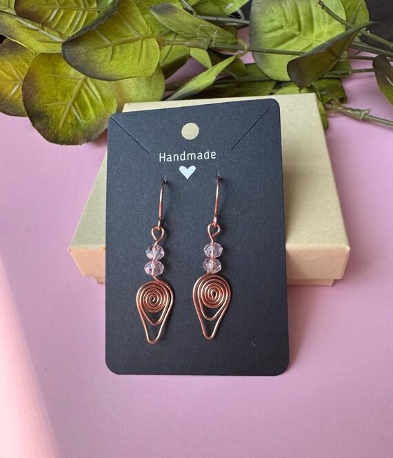 Handmade Wire Wrapped Copper Earrings With Pink Spiral